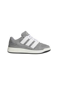 Gray suede sneaker with white leather accents and three tonal stripes. Features a rubber sole and lace closure. Minimalist design.
