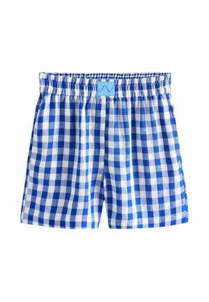 Boxer à taille élastique à carreaux bleus et blancs avec une petite étiquette logo rectangulaire bleue au centre de la ceinture à l'avant.
