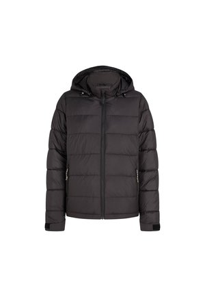 Black padded jacket with a hood, featuring a front zip closure, side pockets, and elastic cuffs. Smooth texture with horizontal stitching.