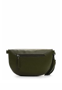 Olive green leather crossbody bag with textured surface, zippered front pocket, and tassel detail. Round shape with adjustable strap.