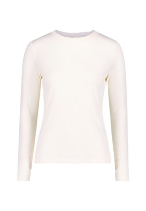 Chemise à manches longues en ivoire en tissu doux, avec un col rond et une silhouette ajustée, sans motifs ni accents visibles.