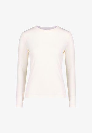 Chemise à manches longues en ivoire en tissu doux, avec un col rond et une silhouette ajustée, sans motifs ni accents visibles.