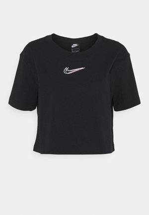 Black cropped t-shirt made of cotton with short sleeves, featuring a small white and pink Nike logo on the chest.