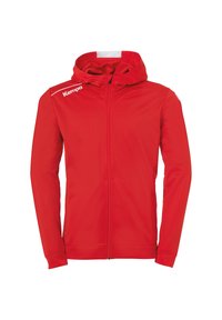 Giacca rossa con cappuccio realizzata in tessuto liscio, dotata di zip frontale, maniche lunghe e dettagli bianchi. Logo visibile sul lato sinistro superiore.