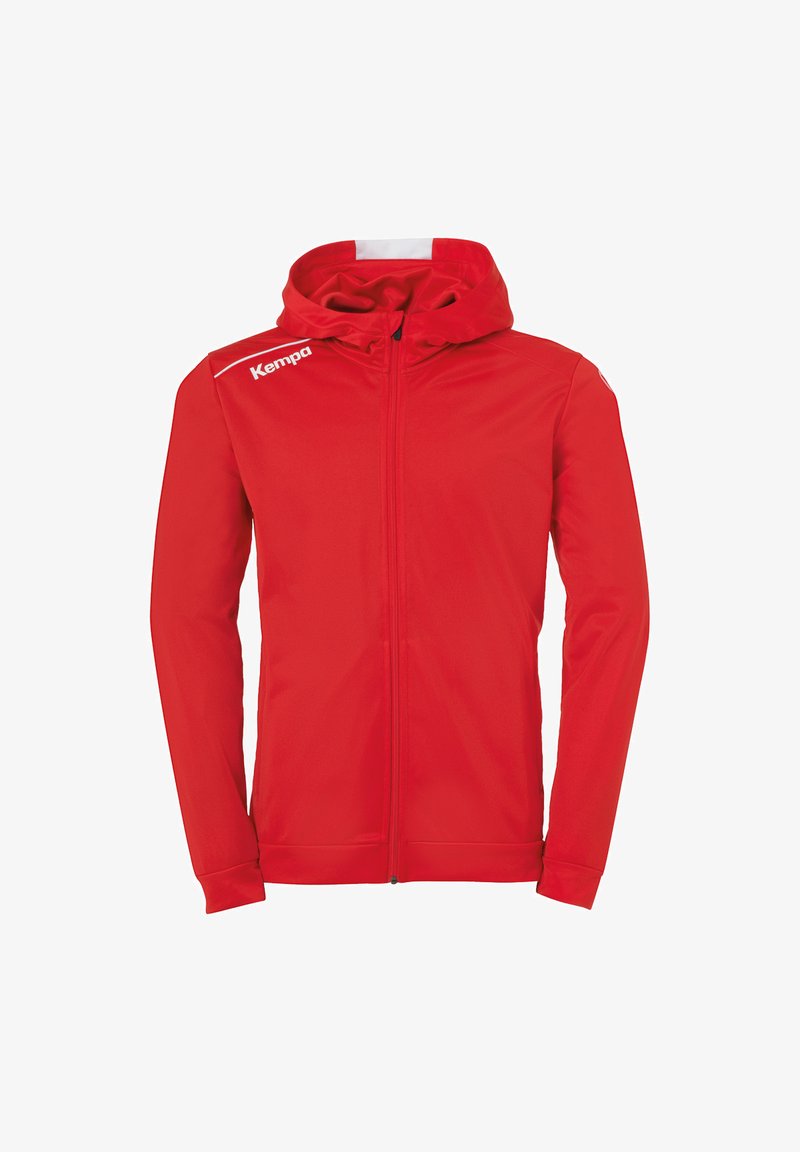 Red hooded jacket made of smooth fabric, featuring a front zip, long sleeves, and white accents. Logo displayed on the upper left side.