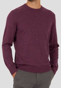 Homme portant un pull à manches longues, col rond, violet foncé avec les mains dans les poches et un pantalon gris sur un fond uni.