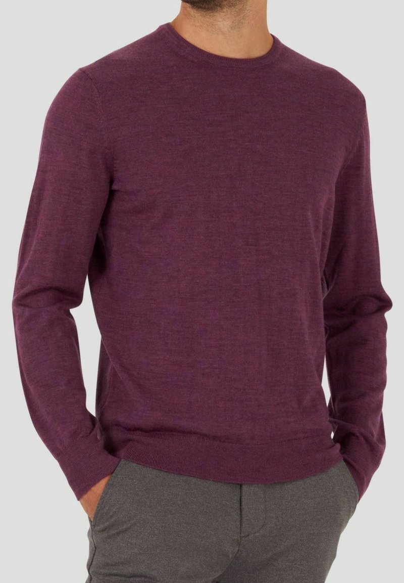 Homme portant un pull à manches longues, col rond, violet foncé avec les mains dans les poches et un pantalon gris sur un fond uni.