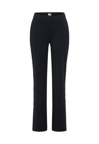 Zwarte, op maat gemaakte broek van stretchtstof met een gladde textuur, voorzien van zijstrepen langs de pijpen en een strakke tailleband.