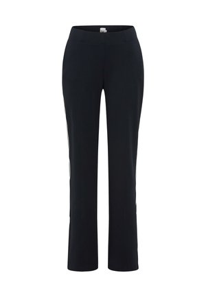 Schwarze, maßgeschneiderte Hose aus Stretchgewebe mit glatter Textur, versehen mit seitlichen Streifen entlang der Beine und einem klar gestalteten Bund.