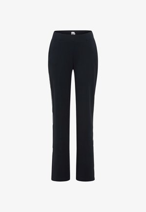 Pantaloni neri su misura realizzati in tessuto elasticizzato con una texture liscia, caratterizzati da strisce laterali lungo le gambe e un design pulito della cintura.