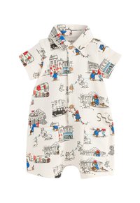 Kokvilnas īsroku kombinezons krēmkrāsā ar košām karikatūru rakstzīmēm, attēlojot ēkas, dzīvniekus un varoņus. Aprīkots ar apkaklīti un pogām.