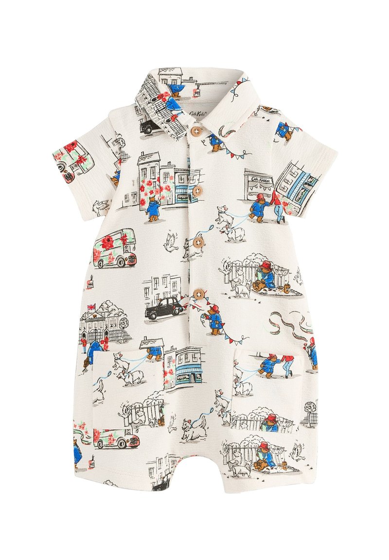 Kokvilnas īsroku kombinezons krēmkrāsā ar košām karikatūru rakstzīmēm, attēlojot ēkas, dzīvniekus un varoņus. Aprīkots ar apkaklīti un pogām.