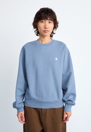Lichtblauwe sweatshirt van zacht materiaal, voorzien van een geribde ronde hals en manchetten, en een klein wit logo op de borst. Losse pasvorm.