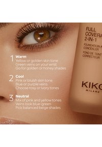 Gros plan sur un œil et la peau avec des textes sur les teints chauds, froids et neutres, ainsi qu'un flacon de fond de teint couvrant complet KIKO Milano.