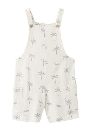 Kremasta dječja kombinezon s plavim palmama, podesivim naramenicama na gumbić i bočnim džepovima.