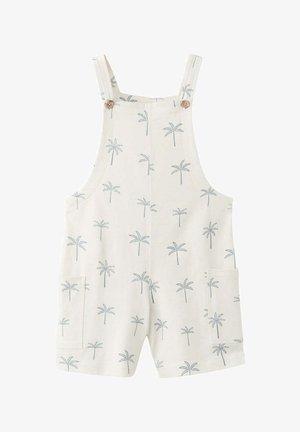 Helle Overall für Kleinkinder in Creme mit blauem Palmenprint, verstellbaren Knopfträgern und Seitentaschen.