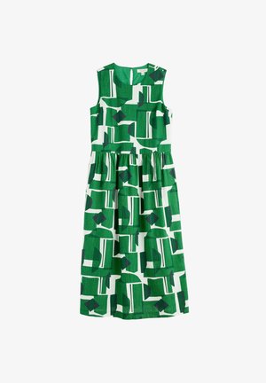 Grünes ärmelloses Kleid mit geometrischem Muster aus weißen und navy-farbenen Formen, aus einem strukturierten Stoff, mit gerafftem Taillenbereich.