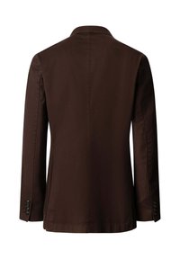 Dunkelbraunes Herren-Sakko von hinten gesehen mit langen Ärmeln, geknöpften Manschetten und einem Reverskragen.