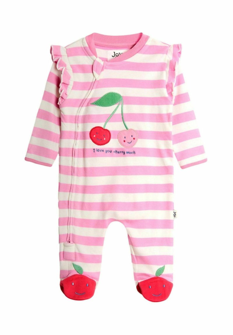Rózsaszín-fehér csíkos overál fodros vállrésszel, cseresznye hímzéssel és mosolygó cseresznyékkel a lábrészeken. Cipzáras záródás. Puha anyag.