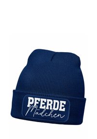 Navy ribbed knit beanie with a folded cuff featuring a rectangular patch that reads "PFERDE Mädchen" in white text.