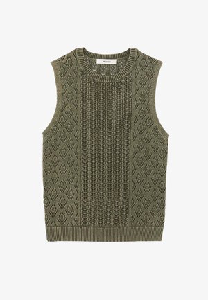 Gilet sans manches en tricot vert olive avec des motifs en losanges et en torsades et un col rond.