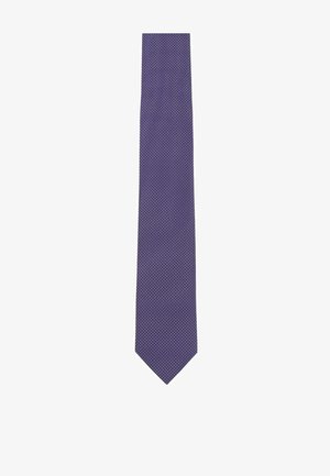 Purple tie featuring a textured fabric with small white polka dots, narrow shape, and pointed tip design.