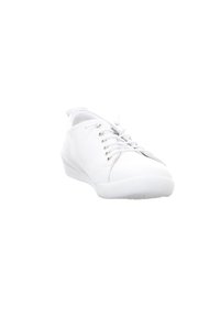 White sneaker made of smooth leather with a rounded toe, contrast stitching, six eyelets for laces, and a textured rubber sole.