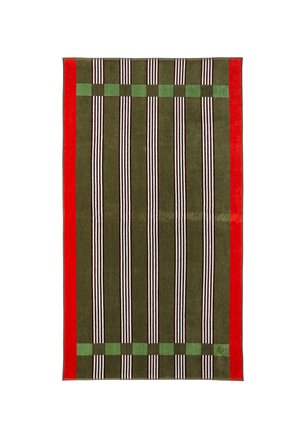 Serviette rectangulaire avec des rayures verticales blanches et marron, des bandes à carreaux verts près du haut et du bas, et des bordures rouges sur les côtés.