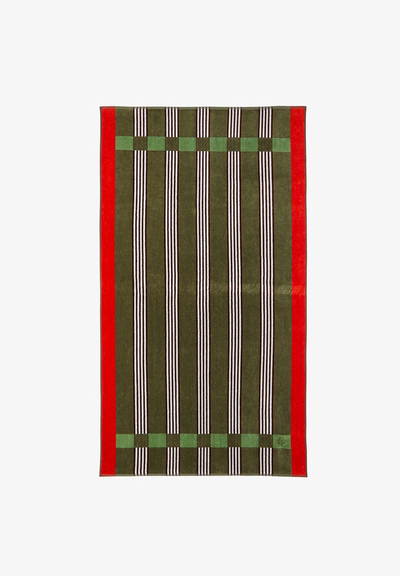 Serviette rectangulaire avec des rayures verticales blanches et marron, des bandes à carreaux verts près du haut et du bas, et des bordures rouges sur les côtés.