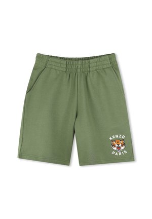 Green cotton shorts with an elastic waistband, featuring side pockets and a printed tiger logo with "KENZO PARIS" text on the left leg.