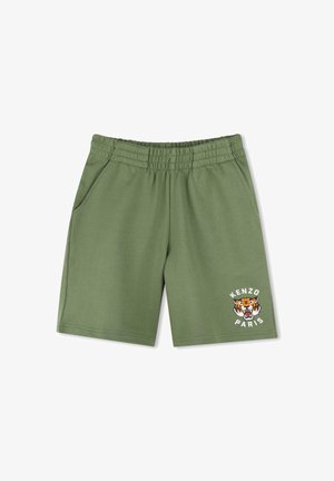 Groene katoenen shorts met een elastische tailleband, voorzien van zijzakken en een bedrukte tijgerlogo met de tekst "KENZO PARIS" op het linkerpand.