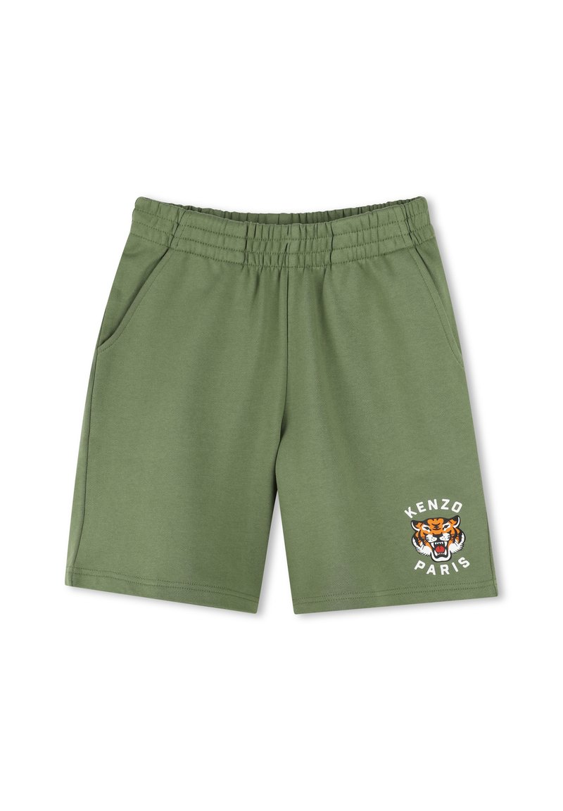 Groene katoenen shorts met een elastische tailleband, voorzien van zijzakken en een bedrukte tijgerlogo met de tekst "KENZO PARIS" op het linkerpand.