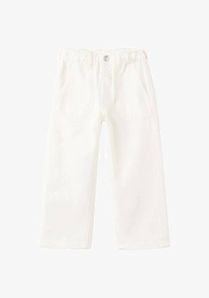 Hvide denimbukser med en afslappet pasform, der har en elastisk talje, to forlommer og en enkelt lukning med metalknap.