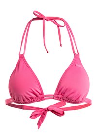 Top bikini rosa con coppe triangolari, lacci regolabili al collo e sulla schiena, e dettaglio di tessuto arricciato per una vestibilità migliorata. Texture liscia.
