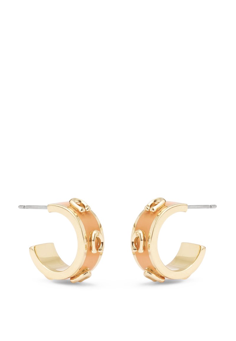 Ohrringe aus Gold und Roségold mit einem glatten Finish und erhabenen Akzenten. Zirkulare Form mit einem durchstochenen Design.