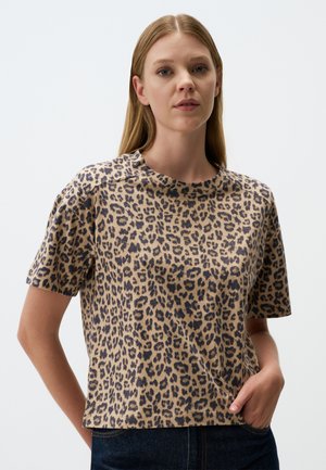 Korte mouwen katoenen T-shirt met luipaardprint, met een ronde hals, een relaxte pasvorm en een zachte textuur; tinten van bruin en zwart.