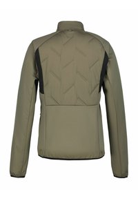 Chaqueta aislante de color verde oliva con cuello alto, acentos laterales en negro y textura acolchada en la parte posterior. Presenta mangas largas y un dobladillo recto.