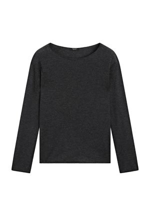 Maglietta a maniche lunghe di colore grigio scuro con un ampio scollo, caratterizzata da un design semplice e moderno, adatta per l'abbigliamento casual.