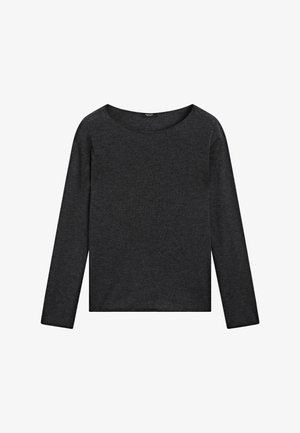 Langärmliges, dunkelgraues Oberteil mit weitem Ausschnitt, das ein einfaches und modernes Design aufweist und sich für die Freizeitkleidung eignet.