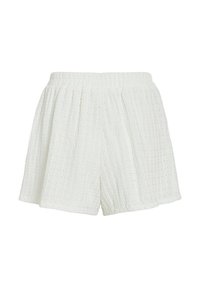 Bílé strukturované šortky s vysokým pasem, elastickým pasem a jemnými vertikálními sklady, navržené pro uvolněný střih.