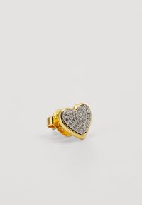 Gold heart-shaped ring with a textured, sparkling surface, featuring small clear stones set in a silver-toned outline. Adjustable band.