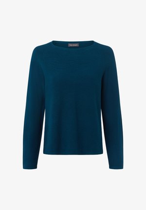 Długi rękaw, ciemnozielony sweter z dzianiny z okrągłym dekoltem i widoczną metką marki na plecach wewnątrz kołnierza.