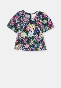 Top corto a maniche corte floreale con uno sfondo nero e motivi colorati di fiori in rosa, blu, giallo e verde. Scollatura tonda.