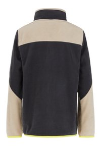 Fleece jack met een zwart lichaam, beige bovenpanelen en gele accenten aan de zoom. Hoge kraag en lange mouwen. Zachte textuur.