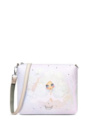 Crossbody bag in pastel pink featuring a whimsical design with a character, textured fabric, silver stud accents, and a detachable strap.