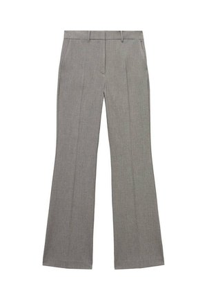 Pantalons évasés gris en tissu texturé, dotés d'un devant plat, de passants de ceinture et de plis repassés le long des jambes pour un aspect ajusté.