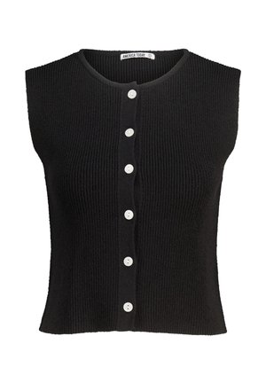 Schwarzes gestricktes ärmelloses Top mit rundem Ausschnitt und fünf weißen Knöpfen auf der Vorderseite. Texturiertes Material mit taillierter Form.