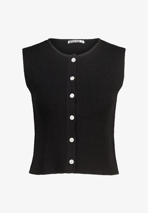 Top sans manches tricoté noir avec un col rond et cinq boutons blancs sur le devant. Tissu texturé avec une coupe ajustée.