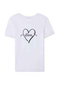 T-shirt bianca a maniche corte in cotone, con un design di cuore nero e la parola "amore" in corsivo al centro.