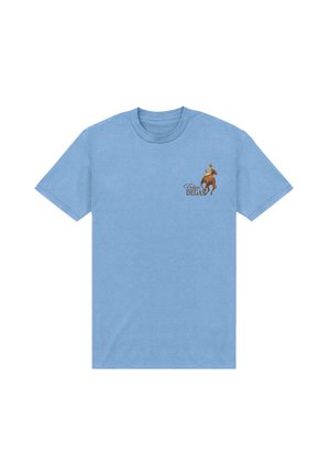 T-shirt bleu clair avec un petit graphisme d'une personne montant un cheval brun et le texte "Edgar Degas" sur la poitrine gauche.